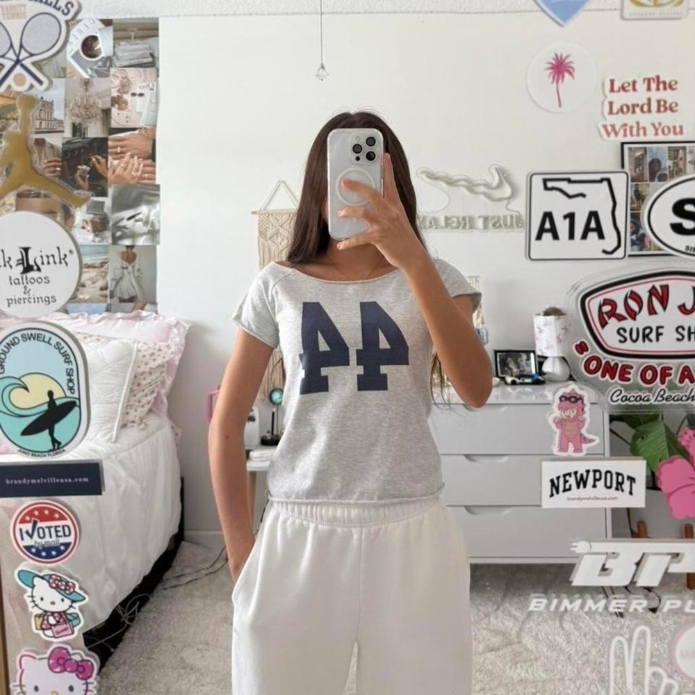 Brandy‎ Melville Grey and Navy blue off the shoulder #44 top
